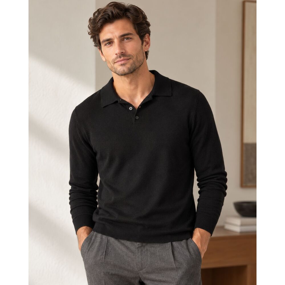 Banana Republic Extra Fine Italian Merino Wool Knit Polo Sweater Size L Black